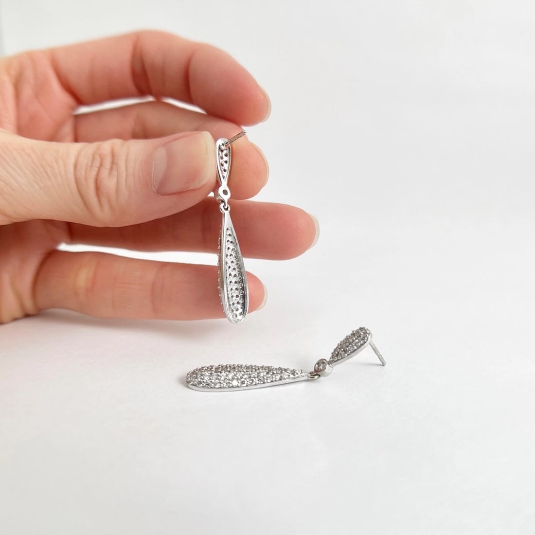Pave Diamond Teardrop Dangle Drop Earrings 14K White Gold, 1.21 CTW - 5