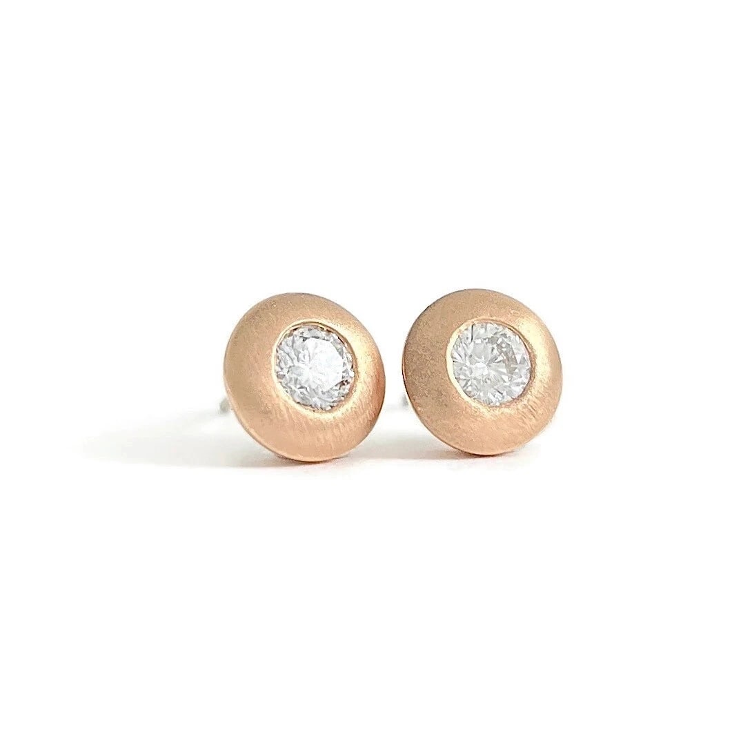 Round Thick Satin Bezel Diamond Stud Earrings 14K Pink Rose Gold .45 CTW (1 of 4)