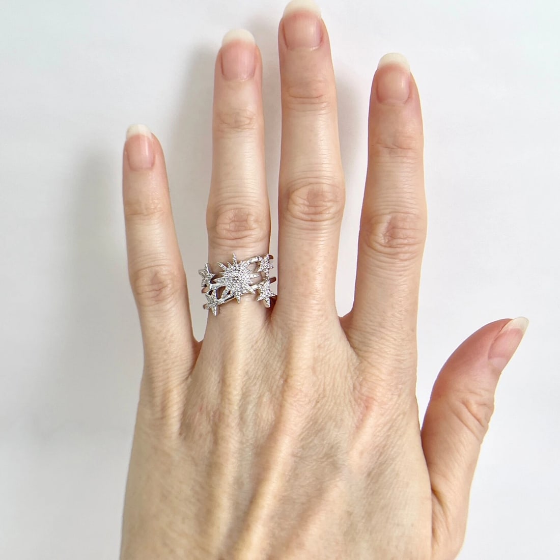 Wide Diamond Star Starburst Statement Ring 14K White Gold .35 CTW - 2
