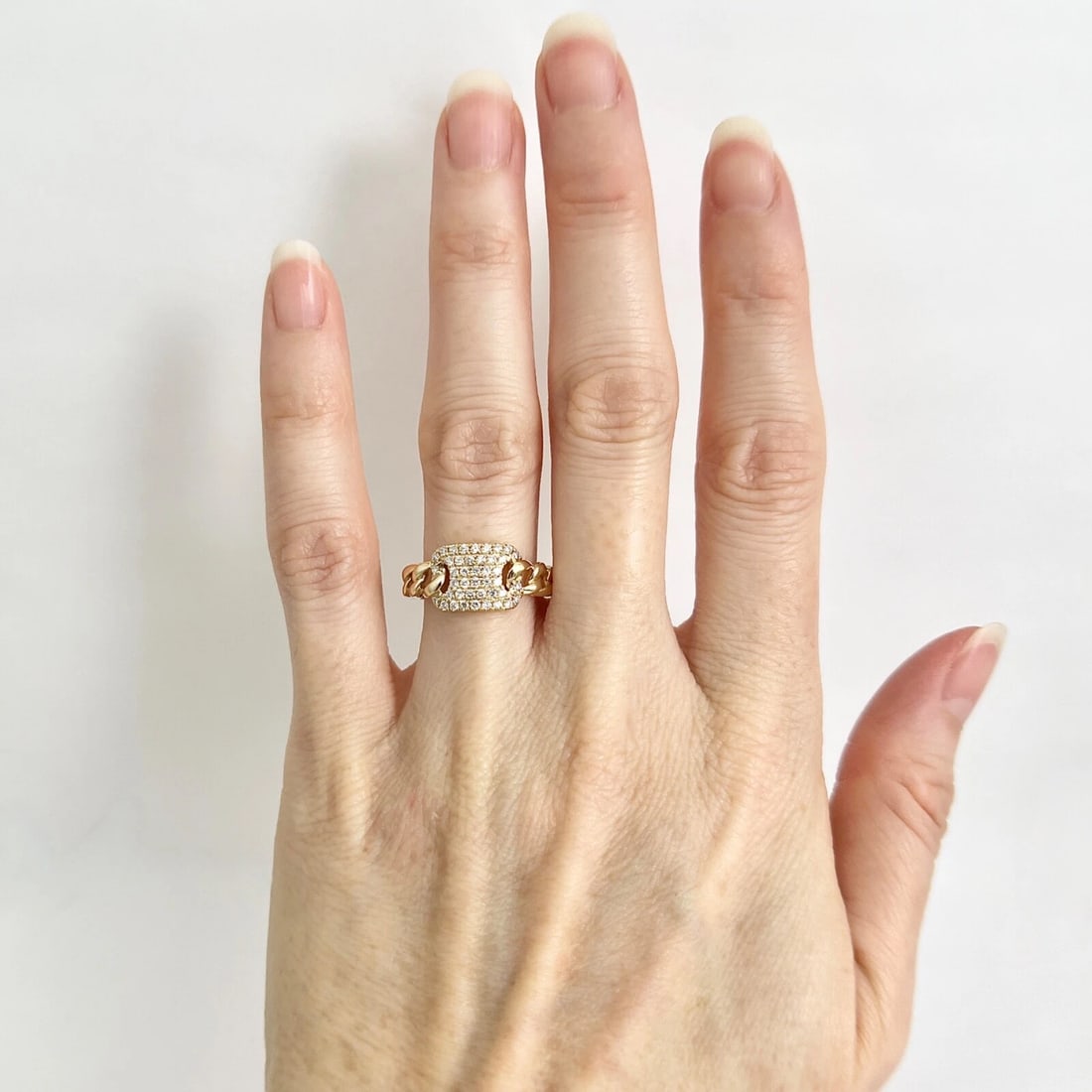 Pave Diamond Cuban Curb Chain Statement Ring 14K Yellow Gold .32 CTW - 2