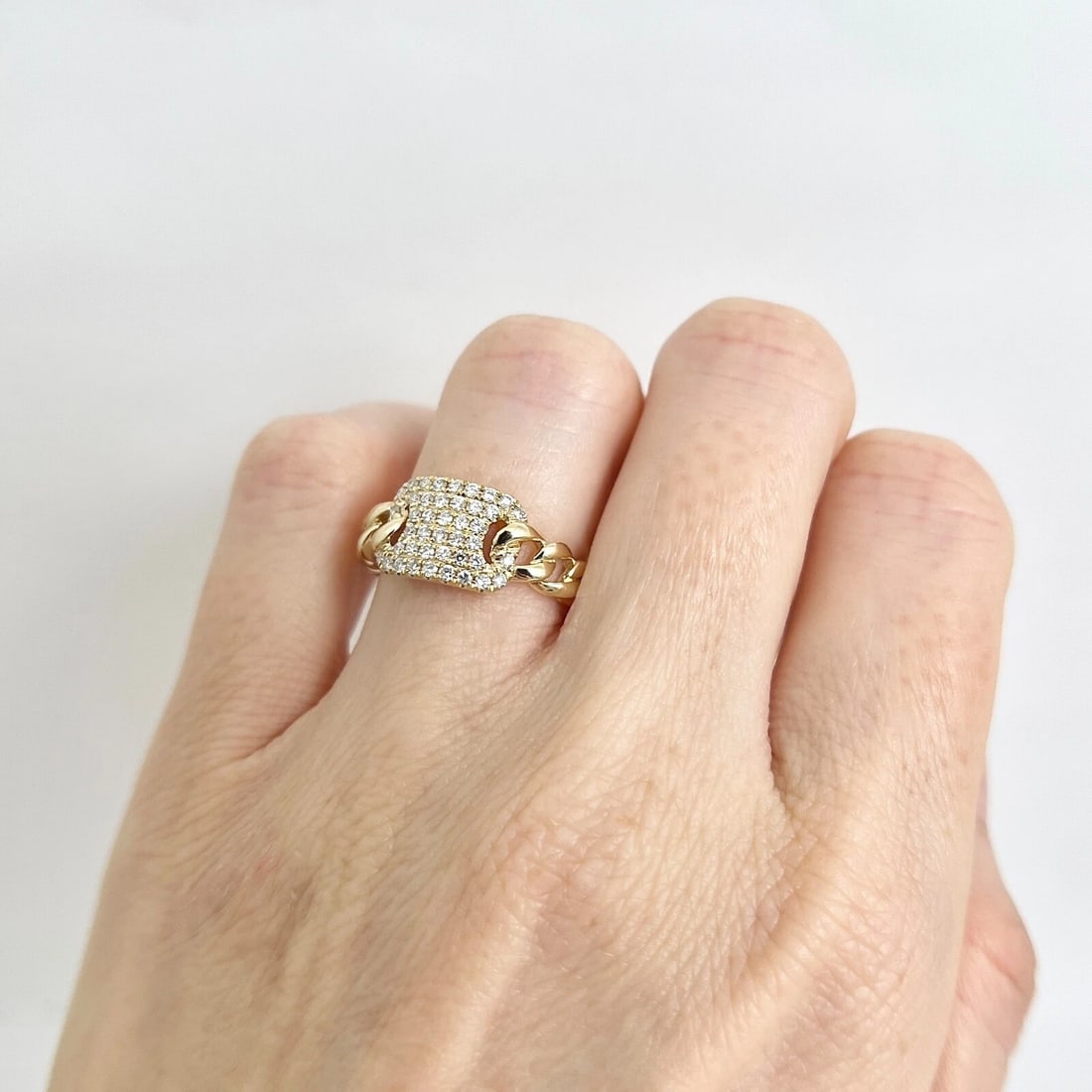 Pave Diamond Cuban Curb Chain Statement Ring 14K Yellow Gold .32 CTW - 4