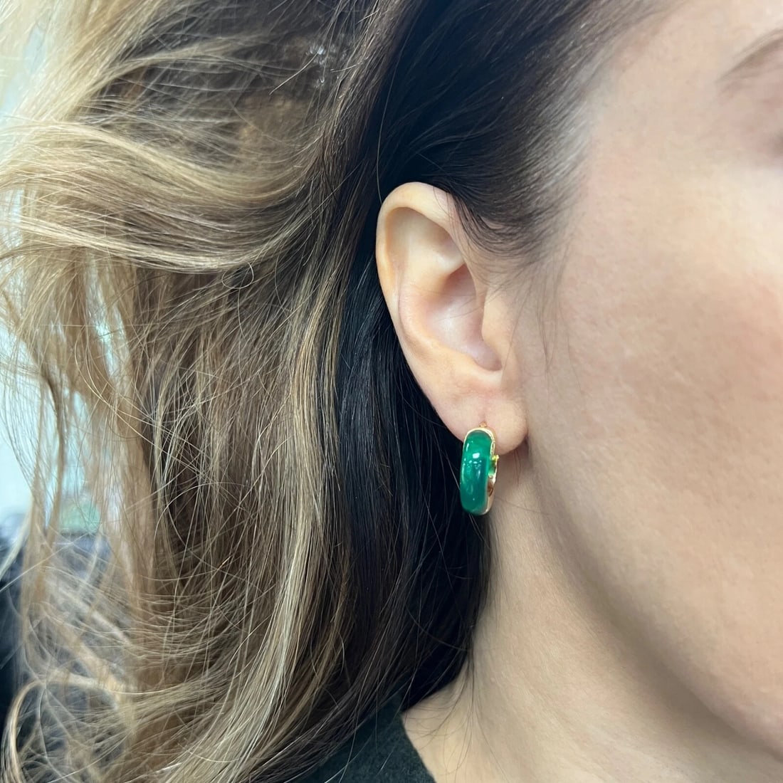 Green Chalcedony Gemstone Hoop Earrings 14K Yellow Gold, 11.63 ctw - 4