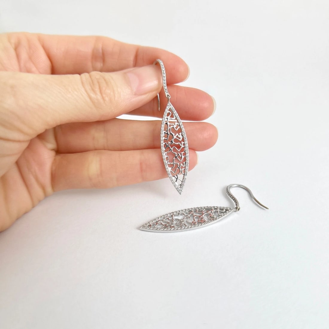 Diamond Filigree Marquise Navette Dangle Drop Earrings 14K White Gold, .60 CTW - 4
