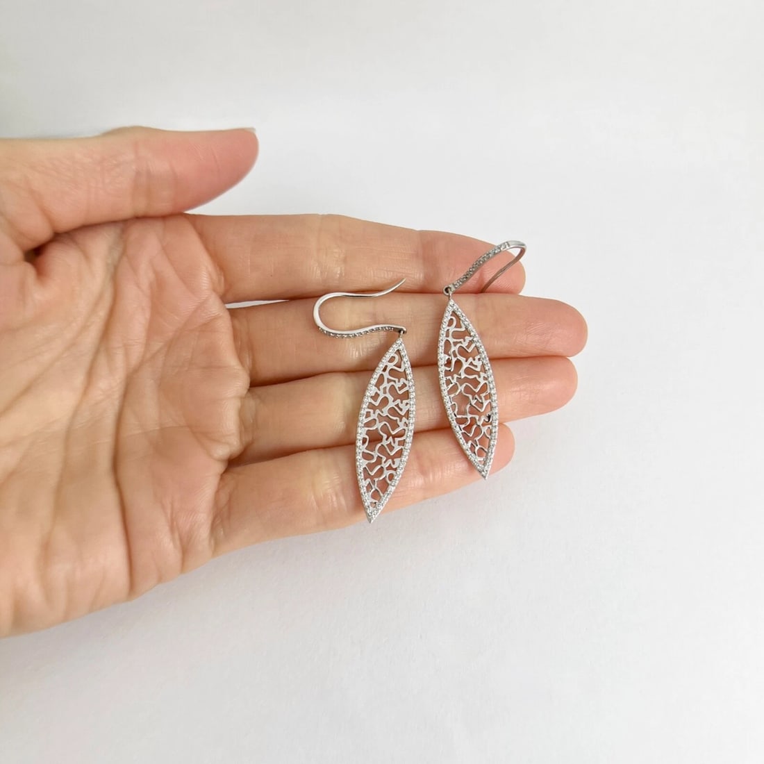 Diamond Filigree Marquise Navette Dangle Drop Earrings 14K White Gold, .60 CTW - 5