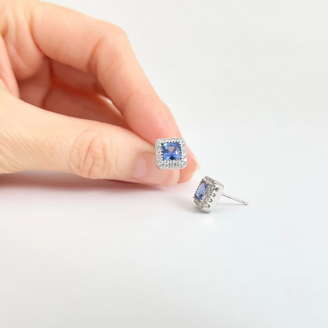Square Blue Sapphire Diamond Halo Stud Earrings 14K White Gold, 2.16 CTW - 2