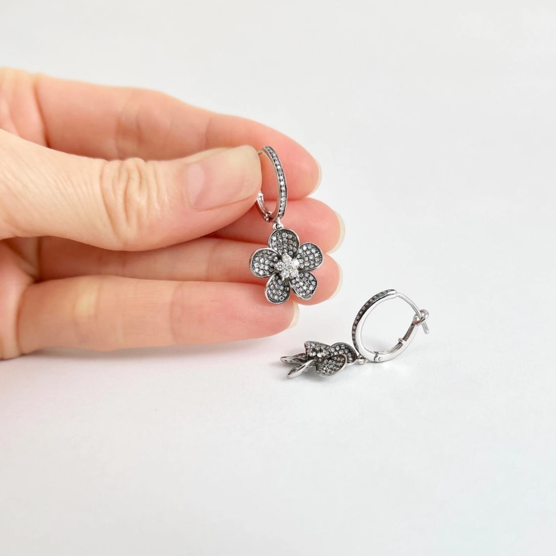 Black Diamond Flower Dangle Drop Earrings 14K White Gold, .79 CTW - 5