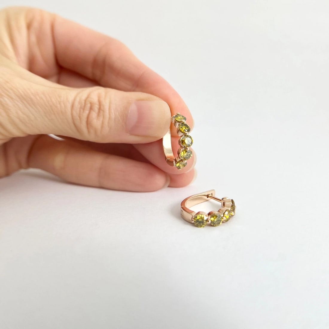 Yellow Diamond Huggie Small Hoop Earrings 14K Pink Rose Gold, 1.75 CTW - 2