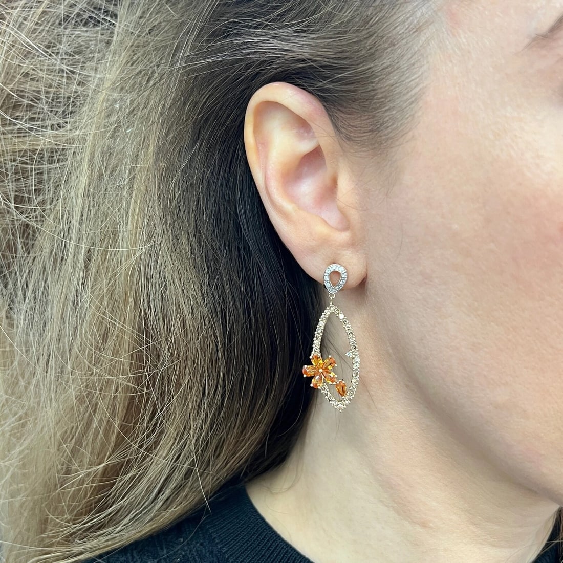 Orange Sapphire Diamond Flower Dangle Drop Earrings 14K Yellow Gold, 4.55 CTW - 3