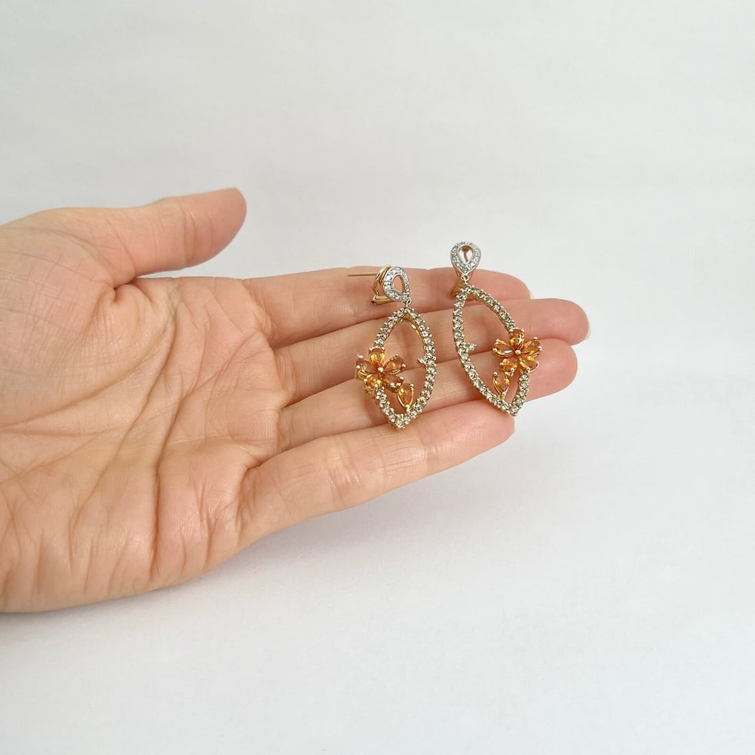 Orange Sapphire Diamond Flower Dangle Drop Earrings 14K Yellow Gold, 4.55 CTW - 4
