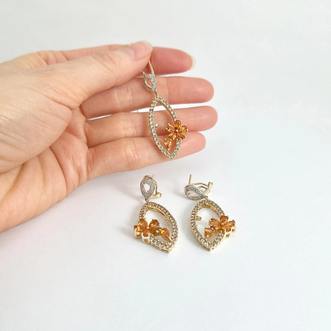 Orange Sapphire Diamond Flower Dangle Drop Earrings 14K Yellow Gold, 4.55 CTW - 5