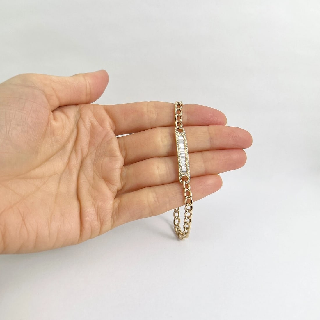 Baguette Diamond ID Bar Chain Link Bracelet 14K Yellow Gold, 6.75 Inch, .82 CTW - 2