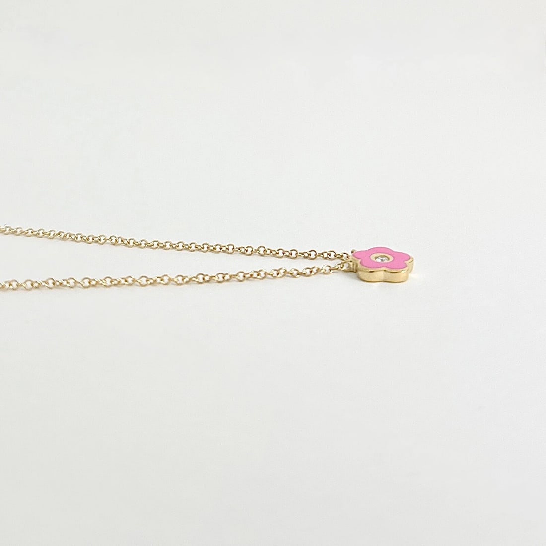 Pink Enamel Flower Diamond Pendant Necklace 14K Yellow Gold, .03 CT - 5
