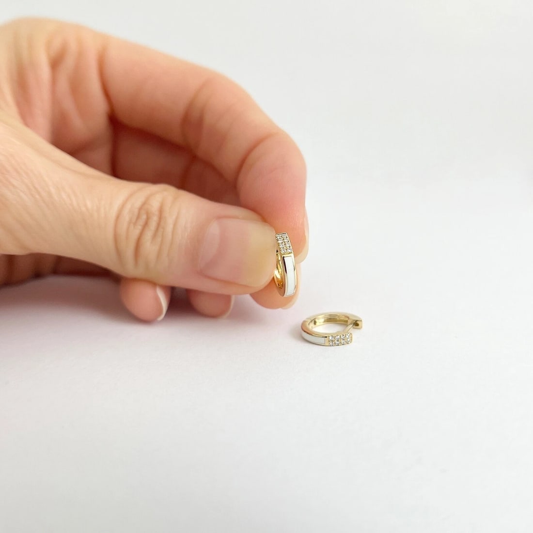 White Enamel Pave Diamond Thin Huggie Earrings 14K Yellow Gold, .08 CTW - 2