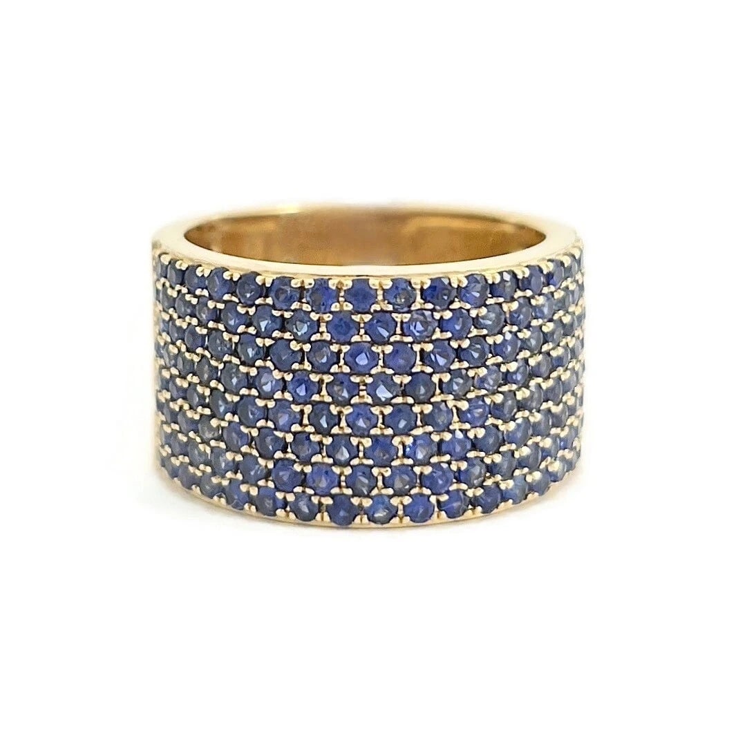 Wide Pave Blue Sapphire Gemstone Band Ring 14K Yellow Gold 2.06 CTW (1 of 7)