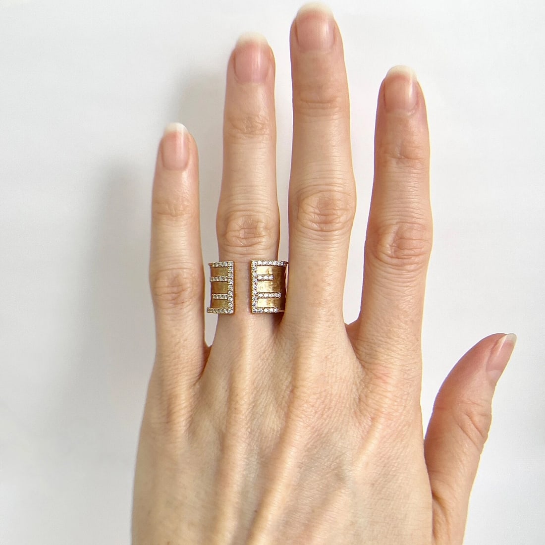 Italian Wide Hammered Diamond Split Open Ring 18K Yellow Gold, .54 CTW - 2