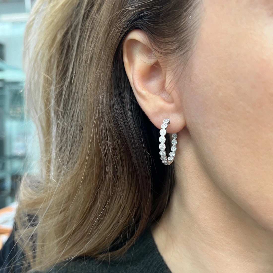 Diamond Halo Cluster Hoop Earrings 14K White Gold 1 Inch Long, 1.35 CTW - 3