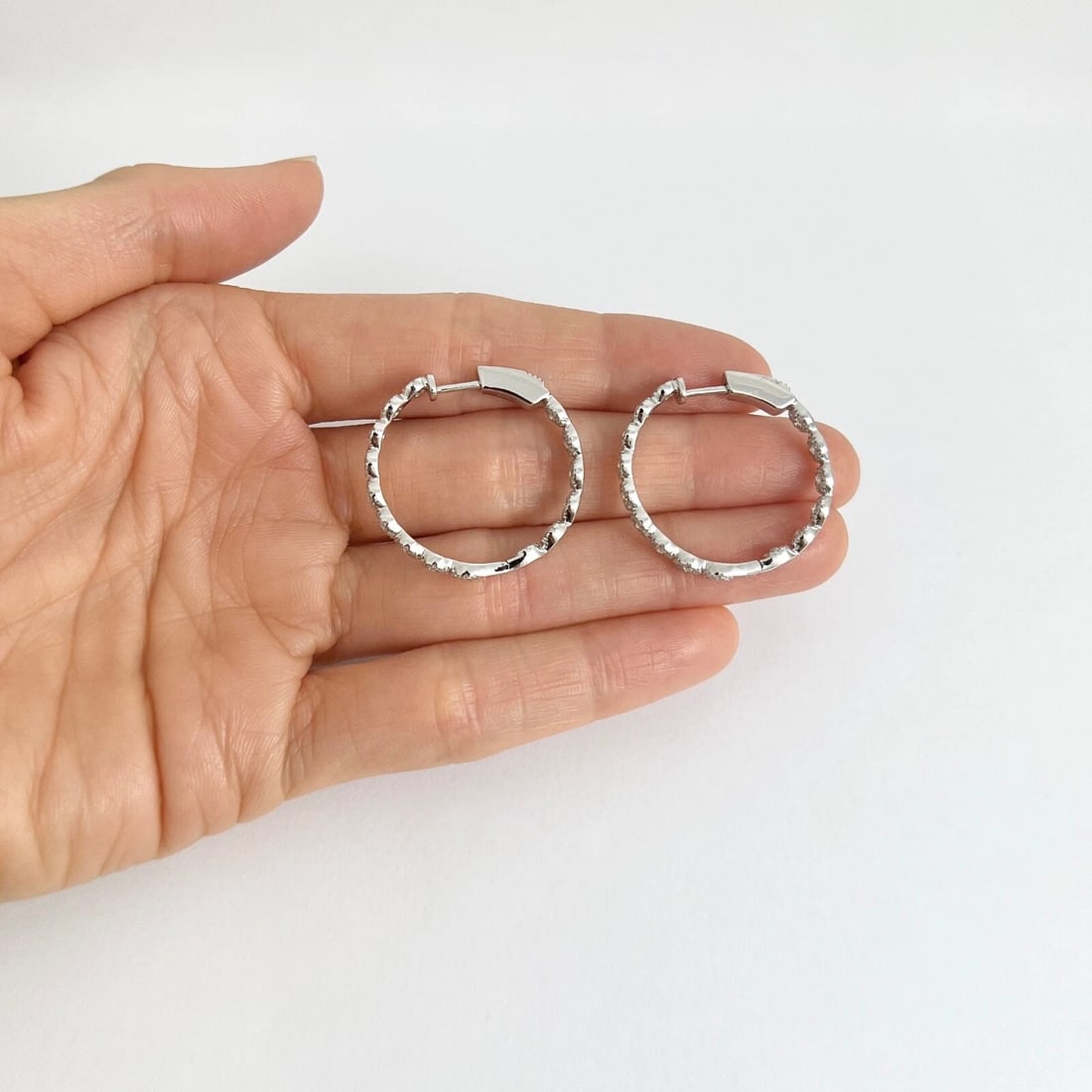 Diamond Halo Cluster Hoop Earrings 14K White Gold 1 Inch Long, 1.35 CTW - 6