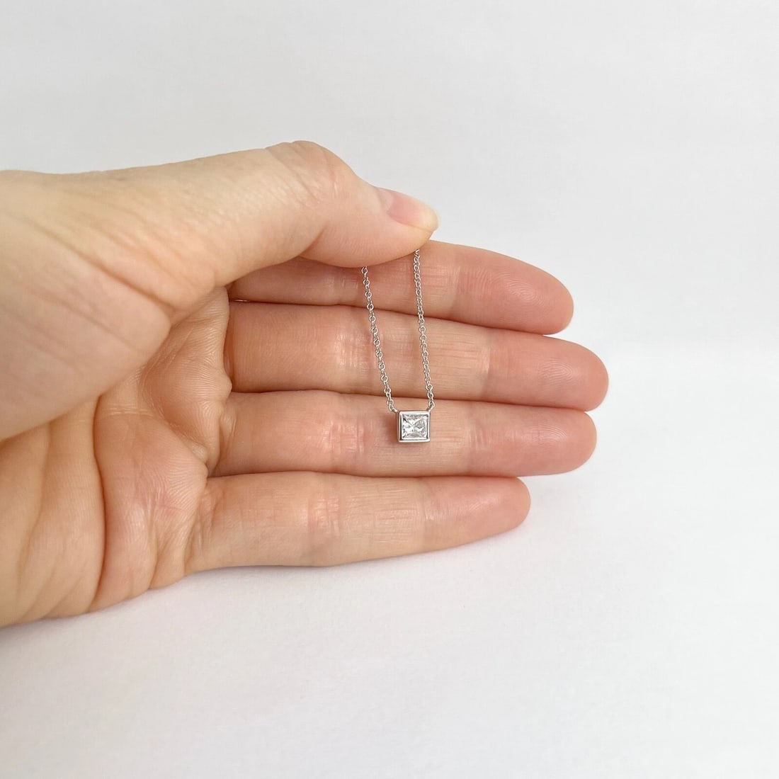 GIA Princess Bezel Solitaire Diamond Pendant Necklace 14K White Gold .46 CT - 3
