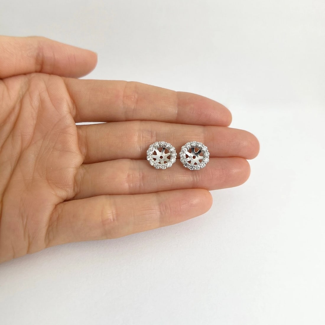 Round Diamond Halo Earring Jackets Enhancers 14K White Gold for 2.50 CTW Studs - 6