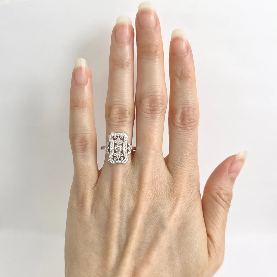 Art-Deco Style Long Pave Diamond Filigree Statement Ring 18K White Gold .52 CTW - 2