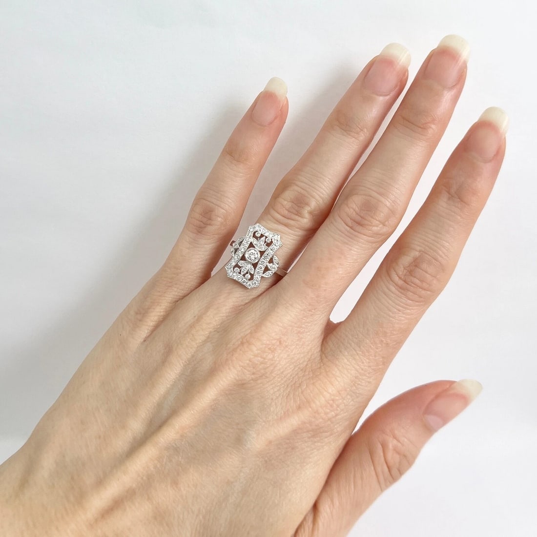 Art-Deco Style Long Pave Diamond Filigree Statement Ring 18K White Gold .52 CTW - 3