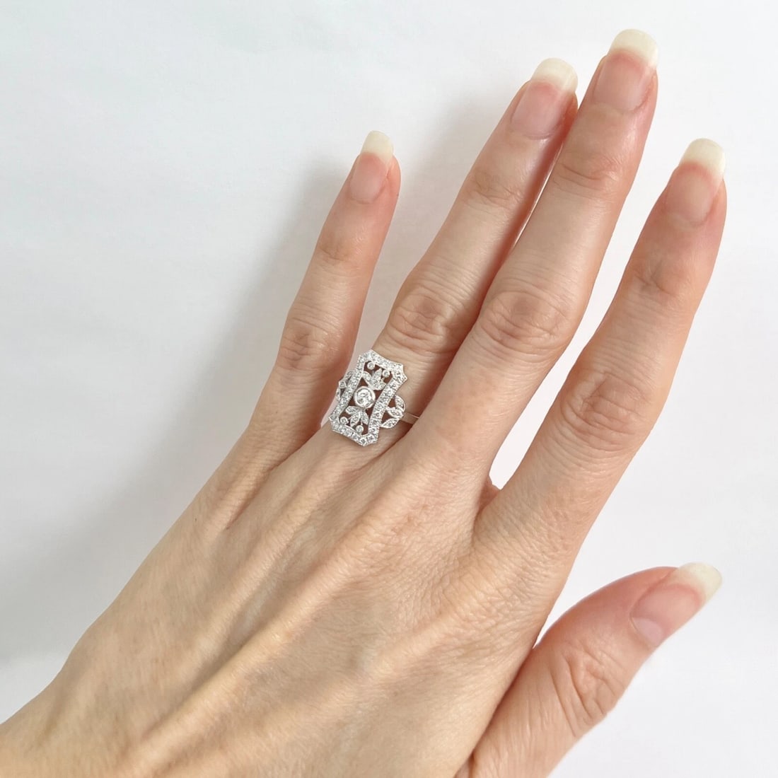Art-Deco Style Long Pave Diamond Filigree Statement Ring 18K White Gold .52 CTW - 4