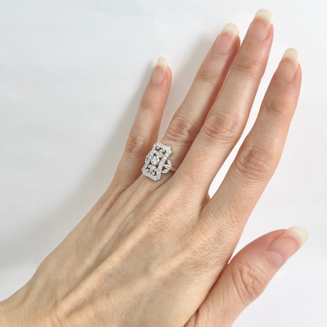 Art-Deco Style Long Pave Diamond Filigree Statement Ring 18K White Gold .52 CTW - 5