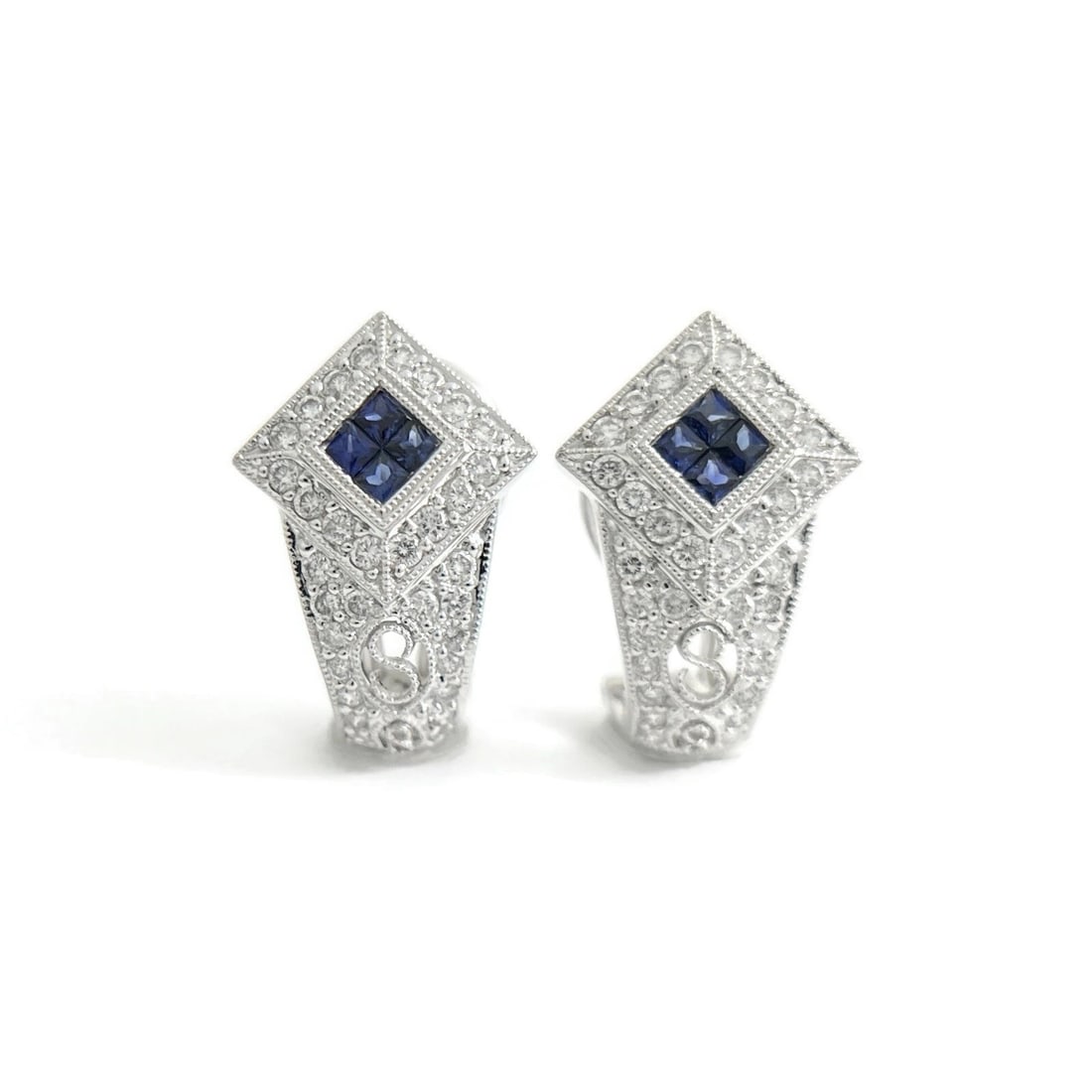 Sapphire Diamond Filigree Drop Earrings 18K White Gold, .75 CTW: Title: Sapphire Diamond Filigree Drop Earrings 18K White Gold, .75 CTW Description: Sapphire Diamond Filigree Drop Earrings 18K White Gold, .75 CTW These are beautiful diamond earrings! Please let us 