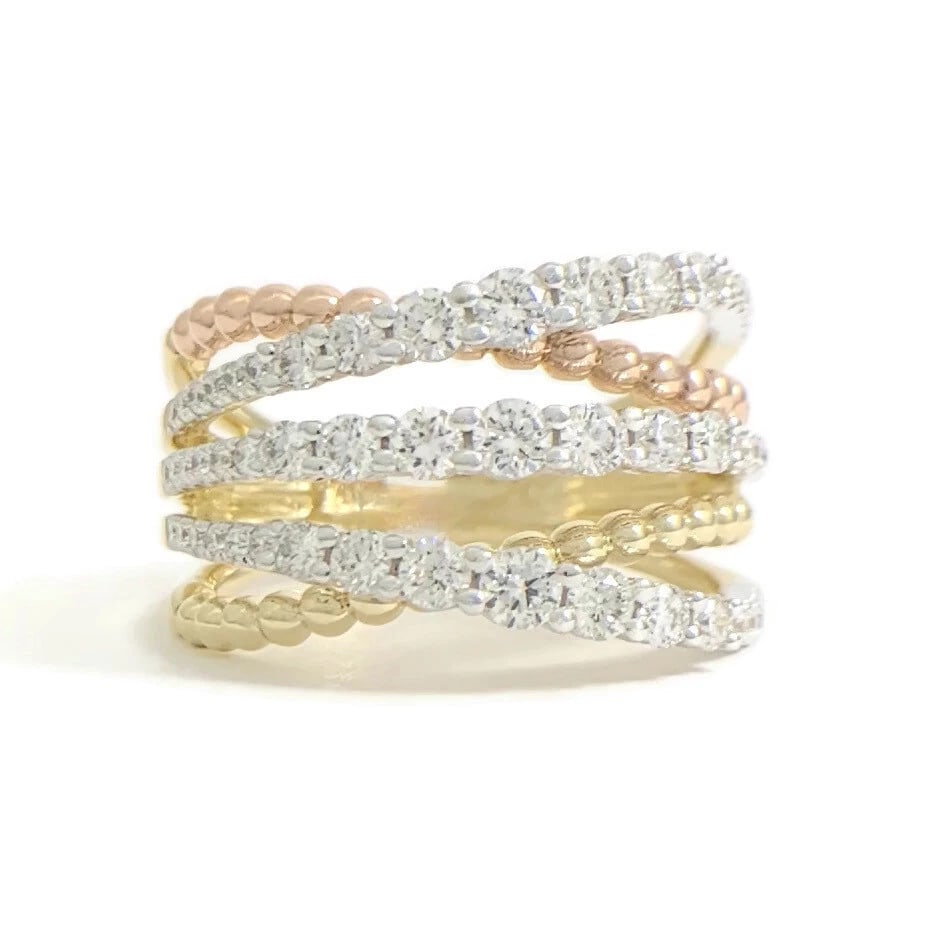 Wide Tri-Color Diamond Crisscross Statement Ring 14K Yellow Rose White Gold (1 of 8)