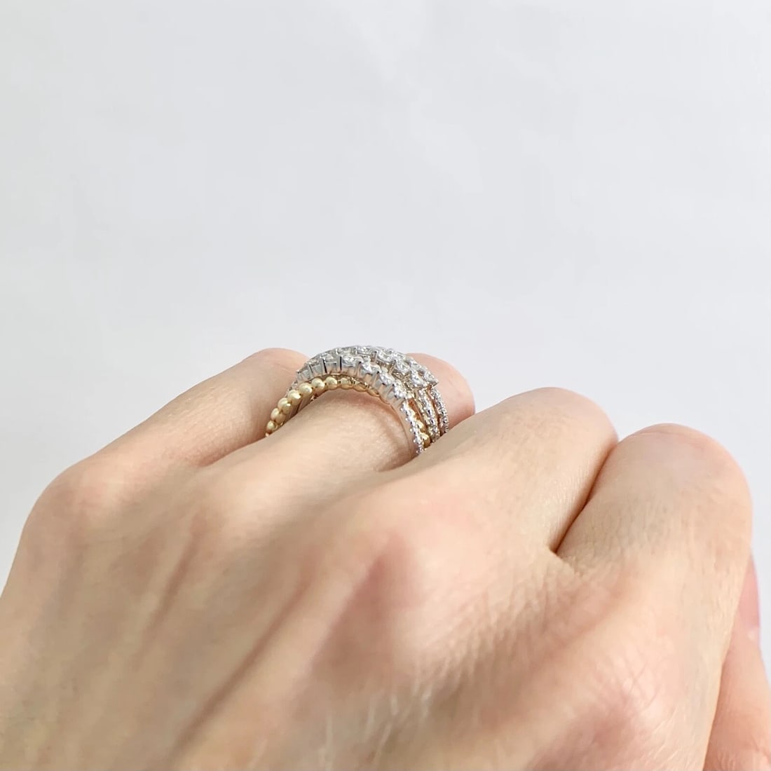Wide Tri-Color Diamond Crisscross Statement Ring 14K Yellow Rose White Gold - 5