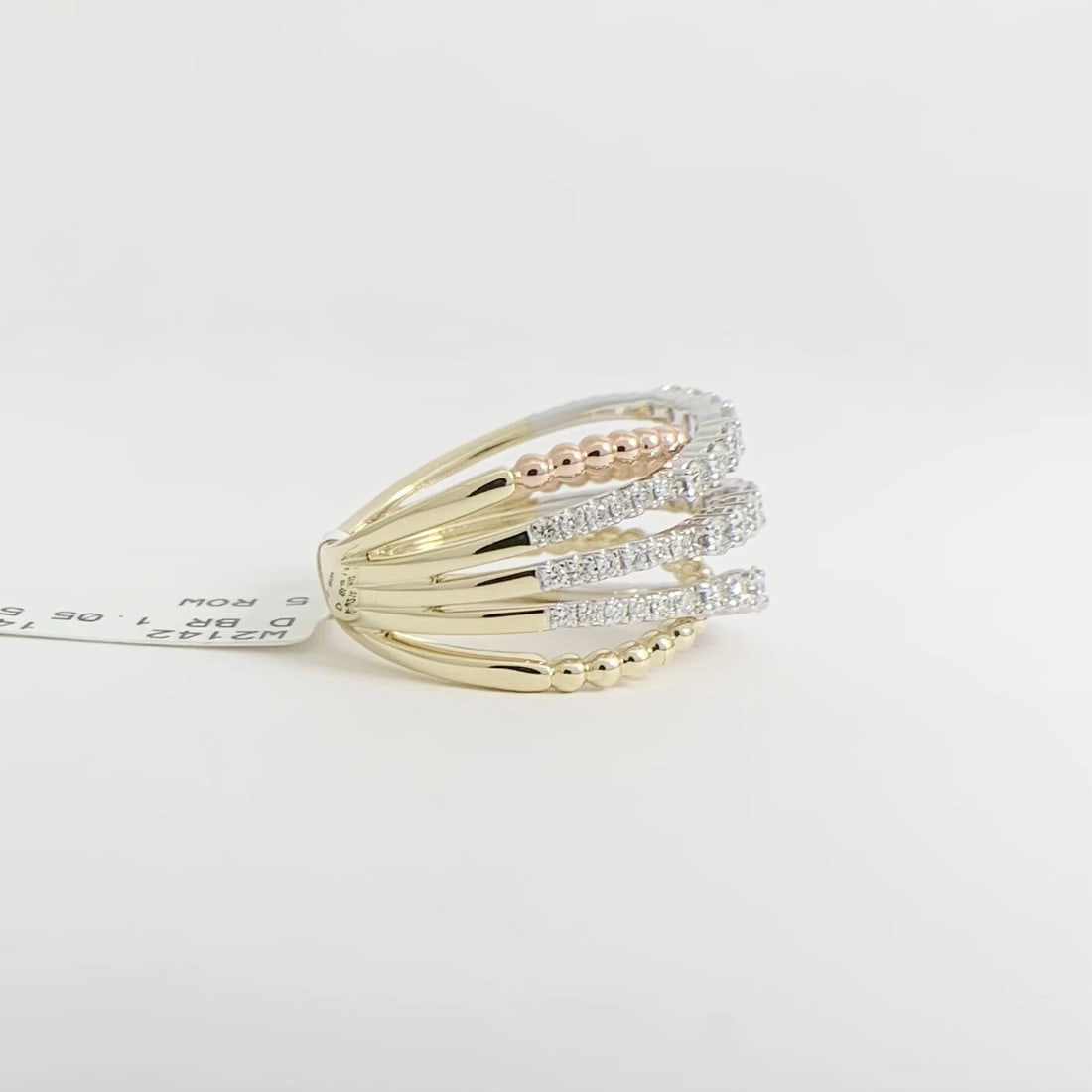 Wide Tri-Color Diamond Crisscross Statement Ring 14K Yellow Rose White Gold - 6