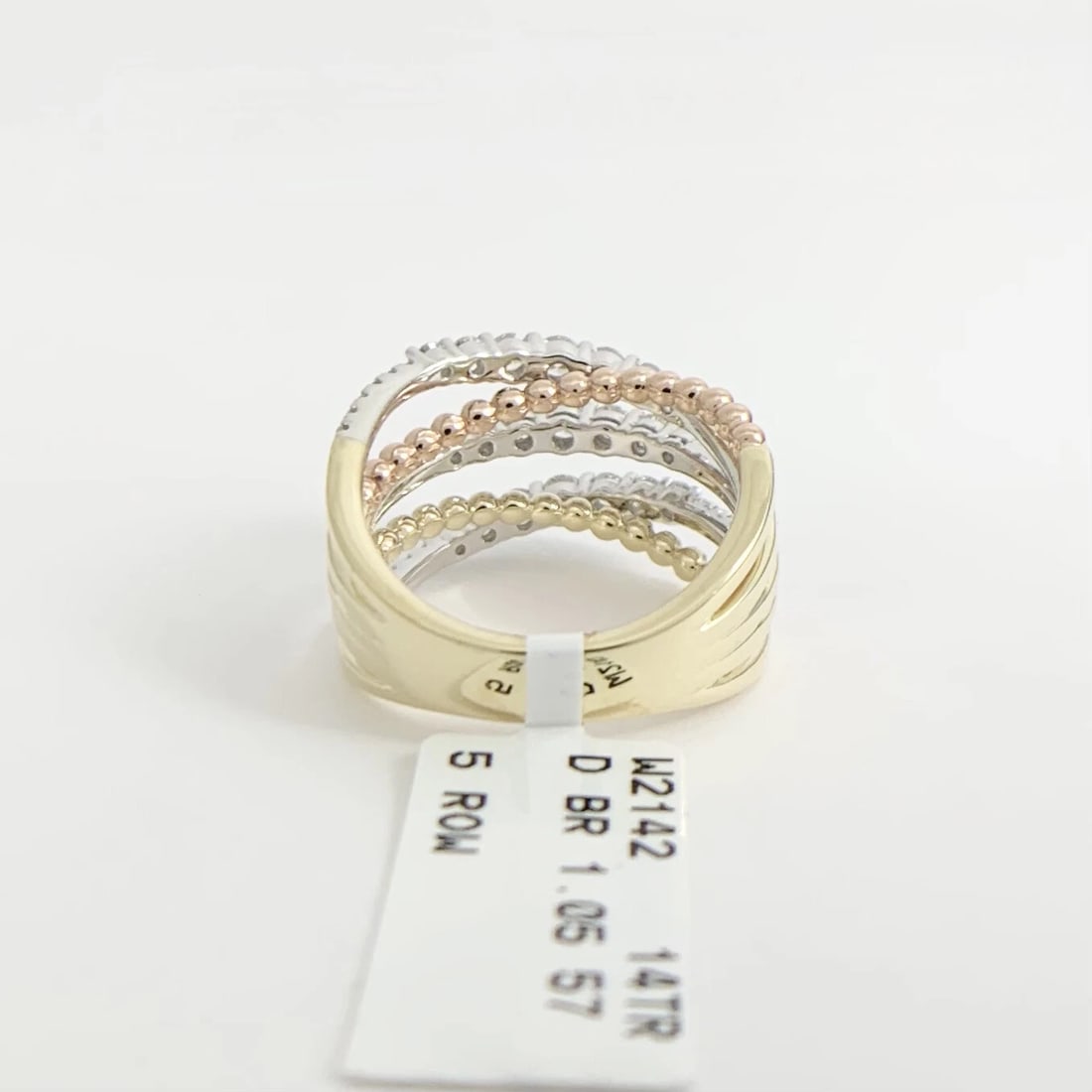 Wide Tri-Color Diamond Crisscross Statement Ring 14K Yellow Rose White Gold - 7