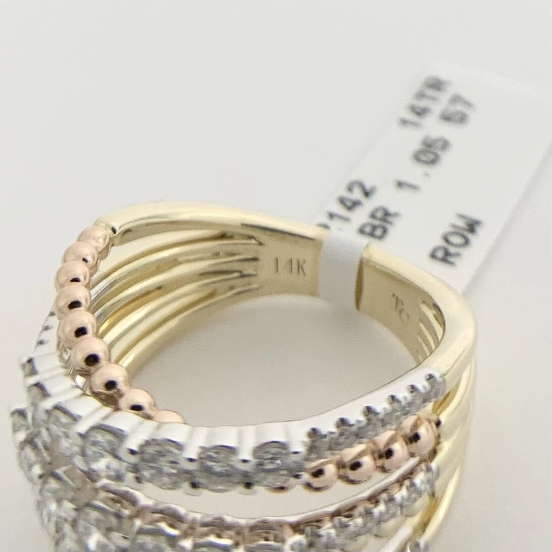 Wide Tri-Color Diamond Crisscross Statement Ring 14K Yellow Rose White Gold - 8