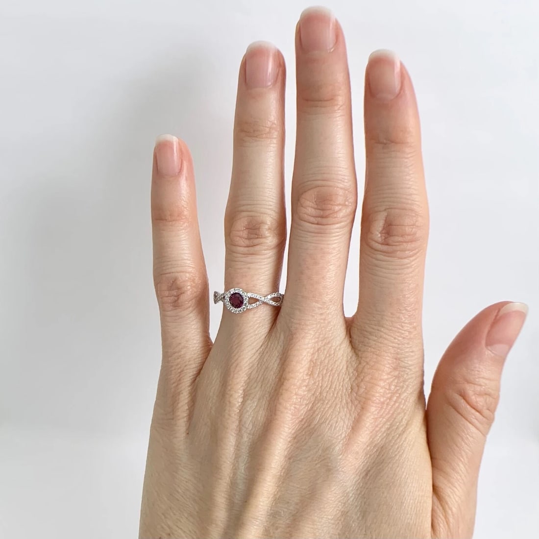 Round Ruby Diamond Halo Gemstone Ring 14K White Gold, .55 CTW - 3