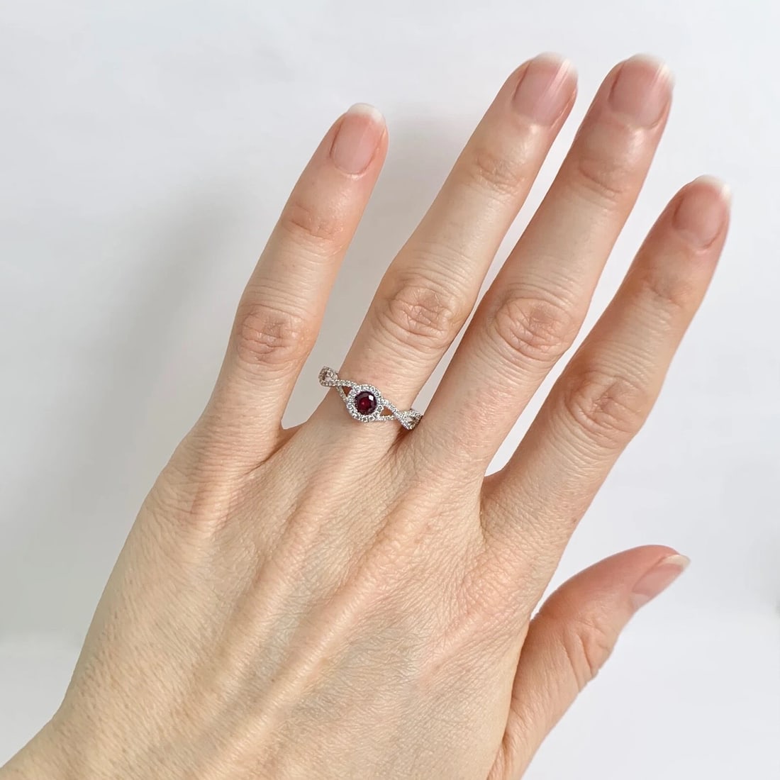 Round Ruby Diamond Halo Gemstone Ring 14K White Gold, .55 CTW - 5