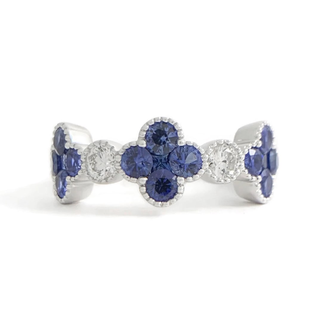 Cluster Blue Sapphire Clover Diamond Gemstone Band Ring 14K White Gold, 1.50 CTW (1 of 9)