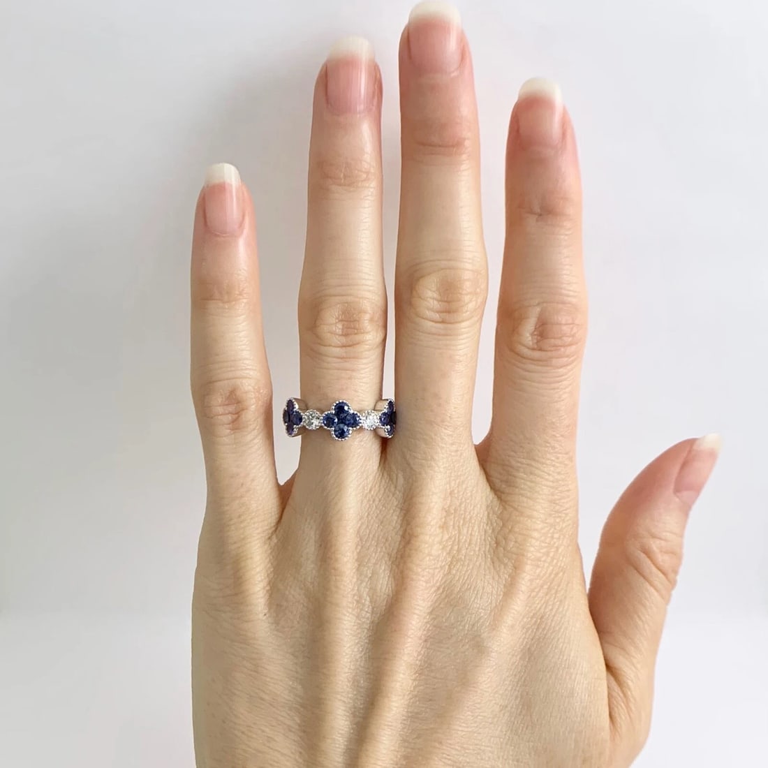 Cluster Blue Sapphire Clover Diamond Gemstone Band Ring 14K White Gold, 1.50 CTW - 2