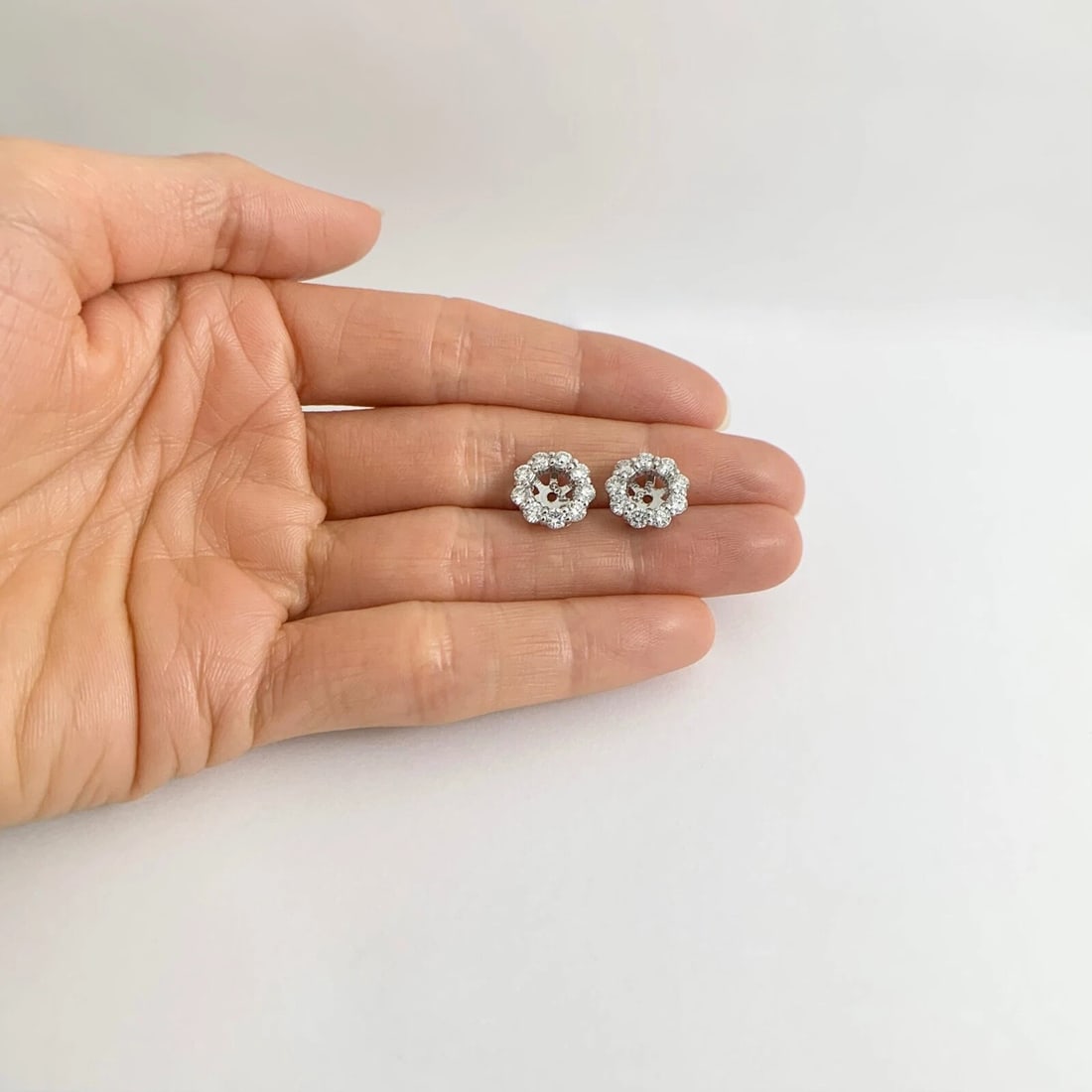 Round Diamond Halo Earring Jackets Enhancers 14K White Gold for 1.00 CTW Studs - 2