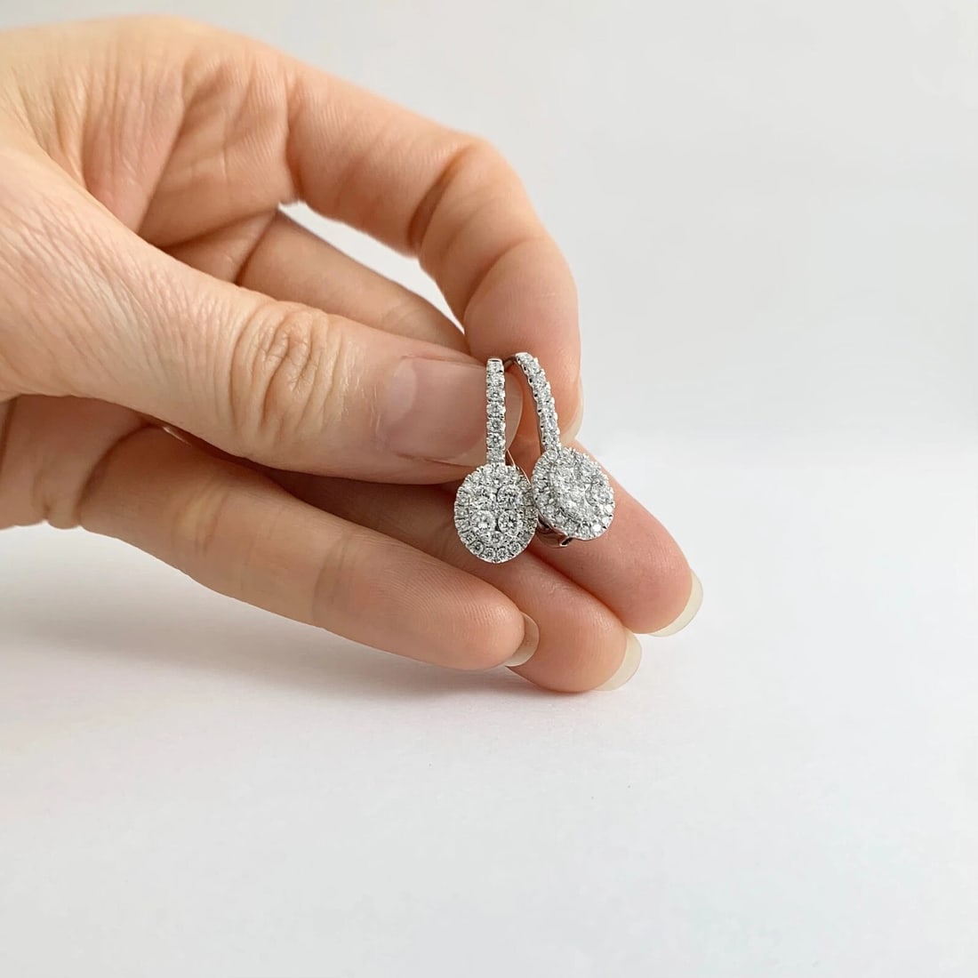 Oval Diamond Halo Cluster Drop Earrings 14K White Gold 1.01 CTW - 2