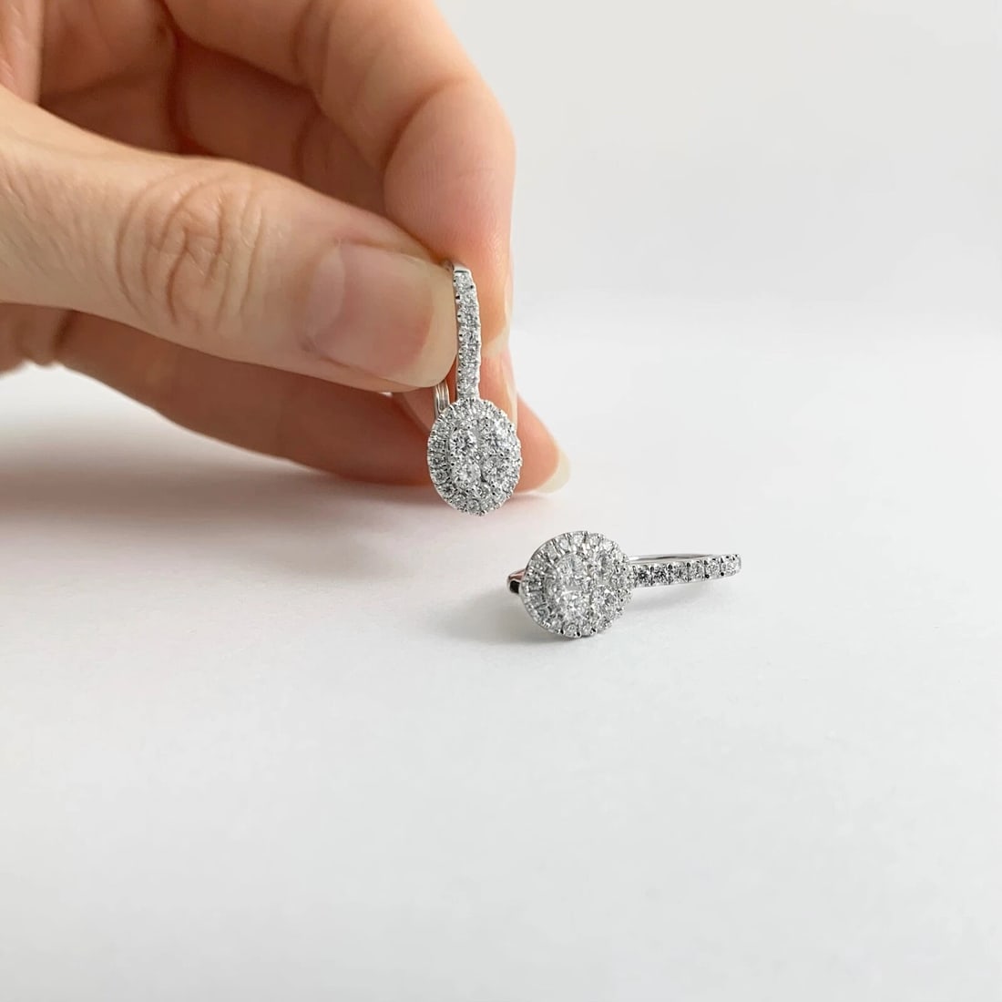 Oval Diamond Halo Cluster Drop Earrings 14K White Gold 1.01 CTW - 3