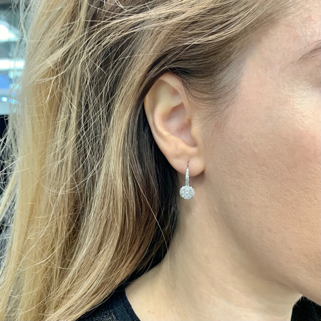 Oval Diamond Halo Cluster Drop Earrings 14K White Gold 1.01 CTW - 4