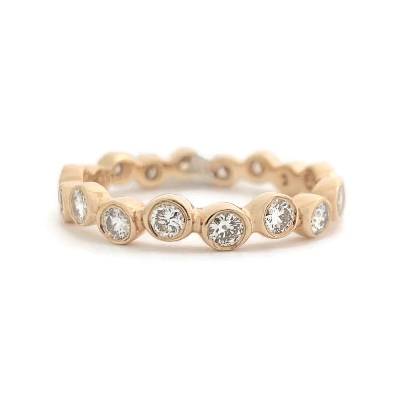 Round Bezel Diamond Eternity Ring Wedding Band 14K Pink Rose Gold, Size 6.75 (1 of 8)