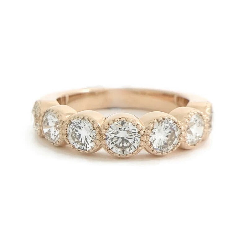 7-Stone Round Bezel Milgrain Diamond Wedding Band Ring 14K Pink Rose Gold: Title: 7-Stone Round Bezel Milgrain Diamond Wedding Band Ring 14K Pink Rose Gold Description: 7-Stone Round Bezel Milgrain Diamond Wedding Band Ring 14K Pink Rose Gold This is a beautiful diamond