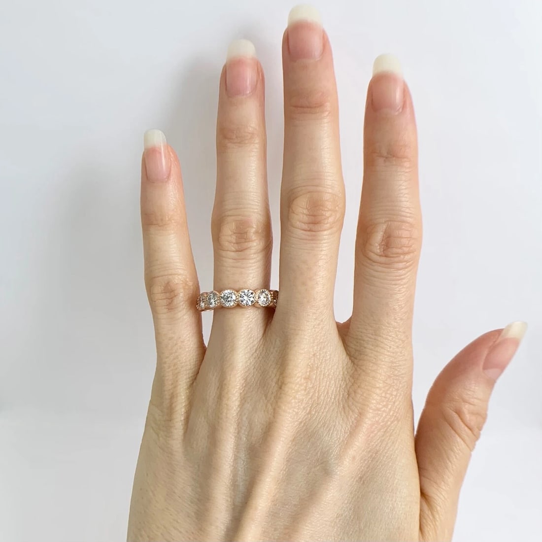 7-Stone Round Bezel Milgrain Diamond Wedding Band Ring 14K Pink Rose Gold - 2