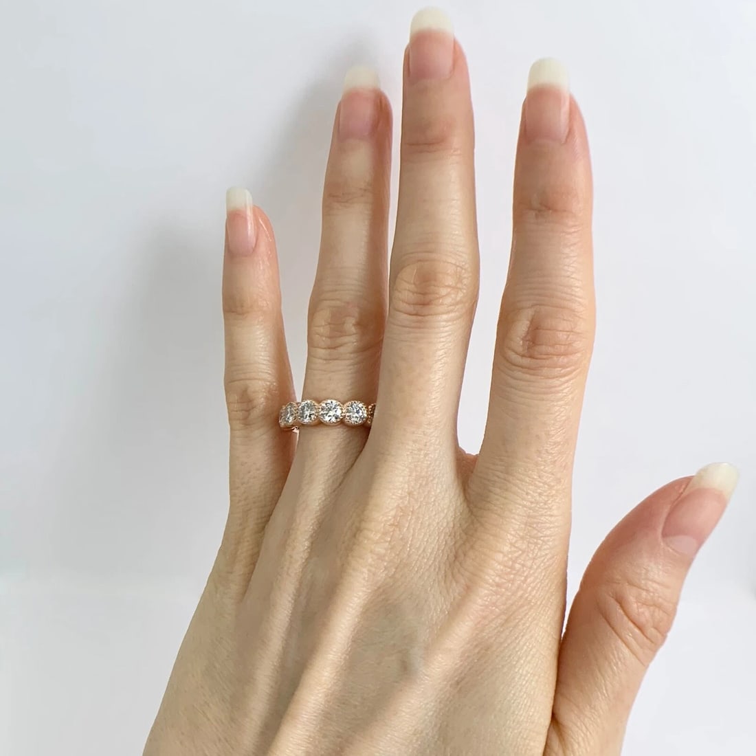 7-Stone Round Bezel Milgrain Diamond Wedding Band Ring 14K Pink Rose Gold - 3