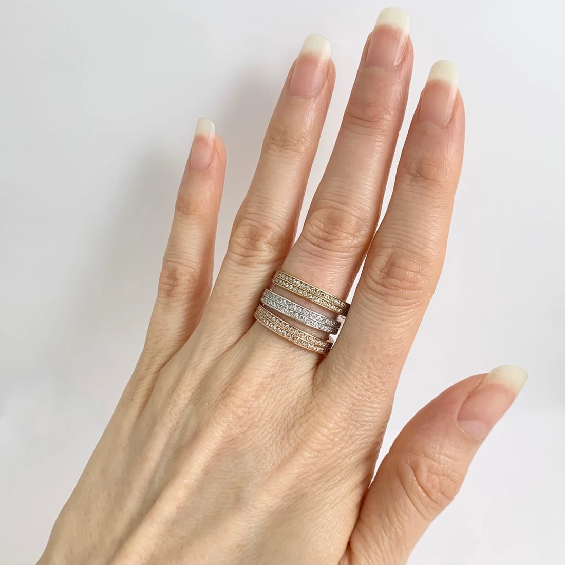 Wide Tri-Color Stacked Diamond Ring Set 14K Yellow White Pink Rose Gold, Size 7 - 4
