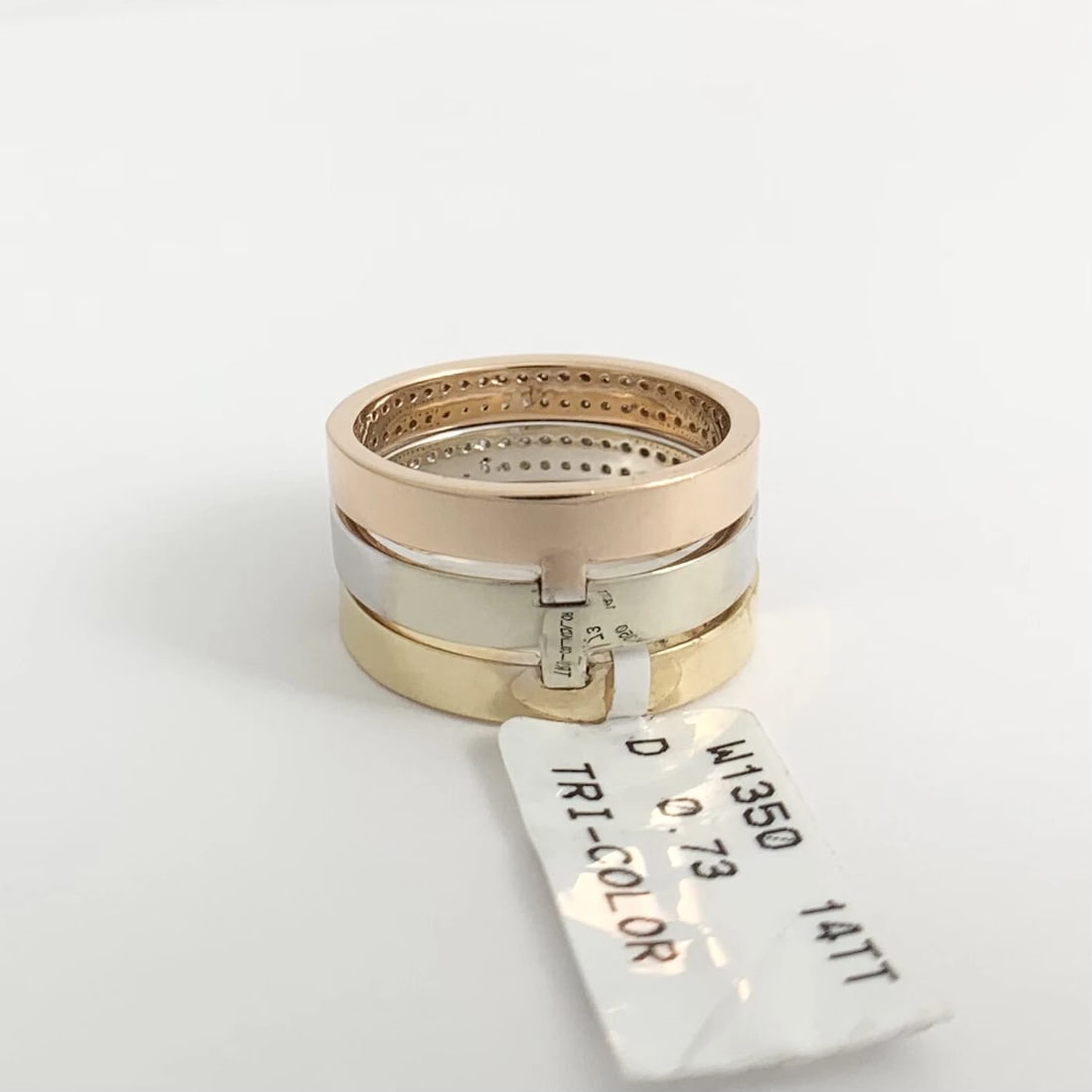 Wide Tri-Color Stacked Diamond Ring Set 14K Yellow White Pink Rose Gold, Size 7 - 8
