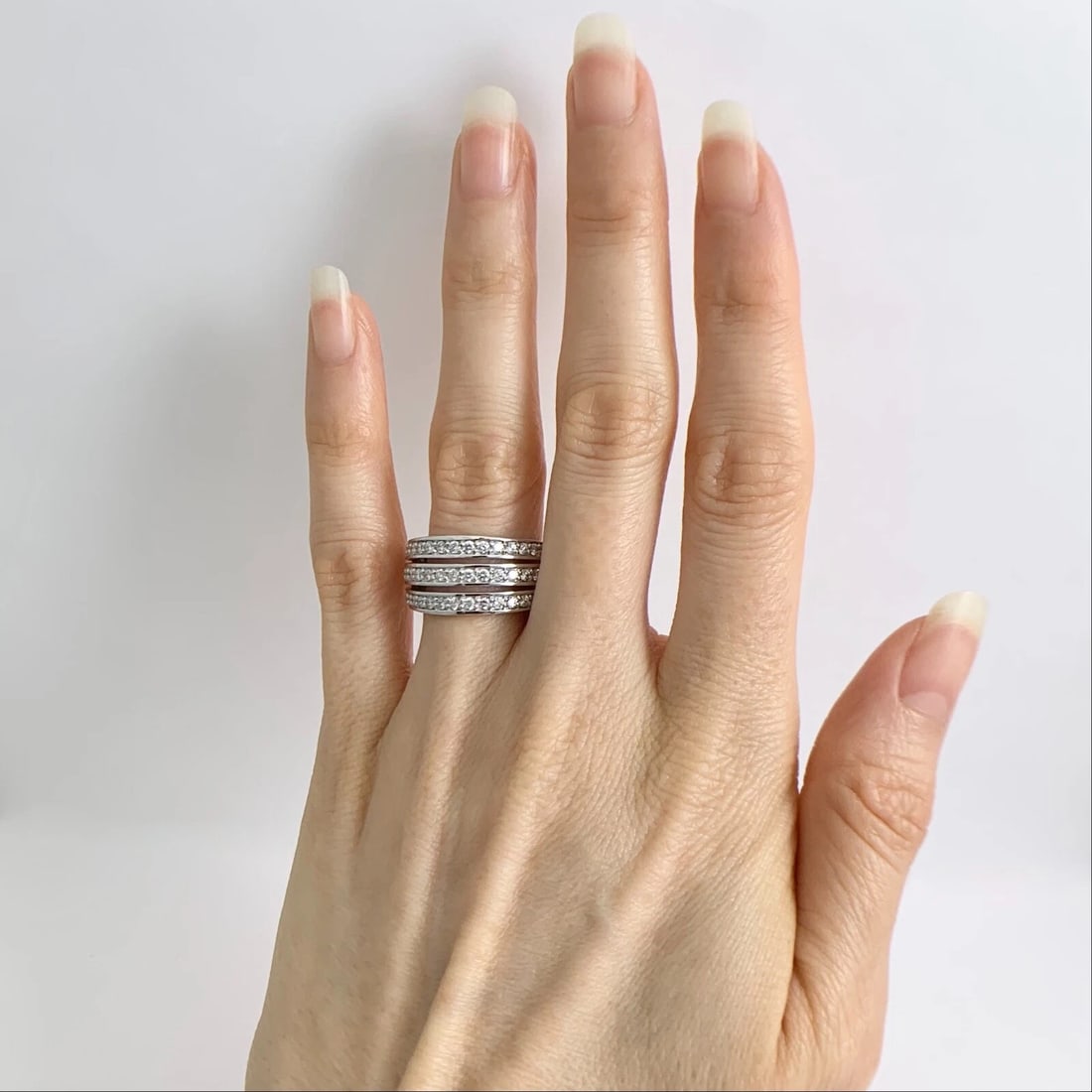 Wide 3-Row Round Diamond Ring Statement Band 14K White Gold, .66 CTW - 2