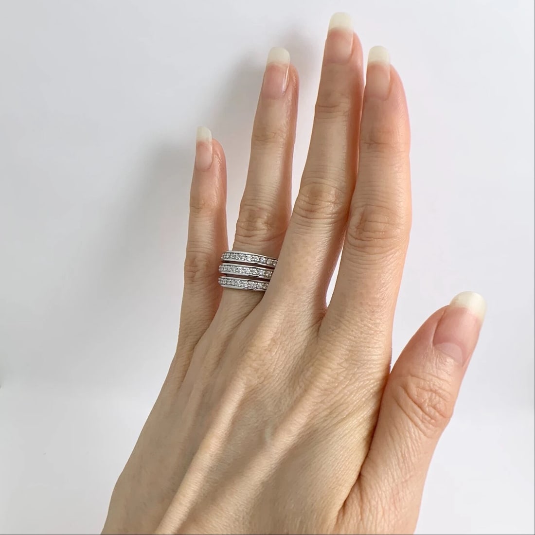 Wide 3-Row Round Diamond Ring Statement Band 14K White Gold, .66 CTW - 3