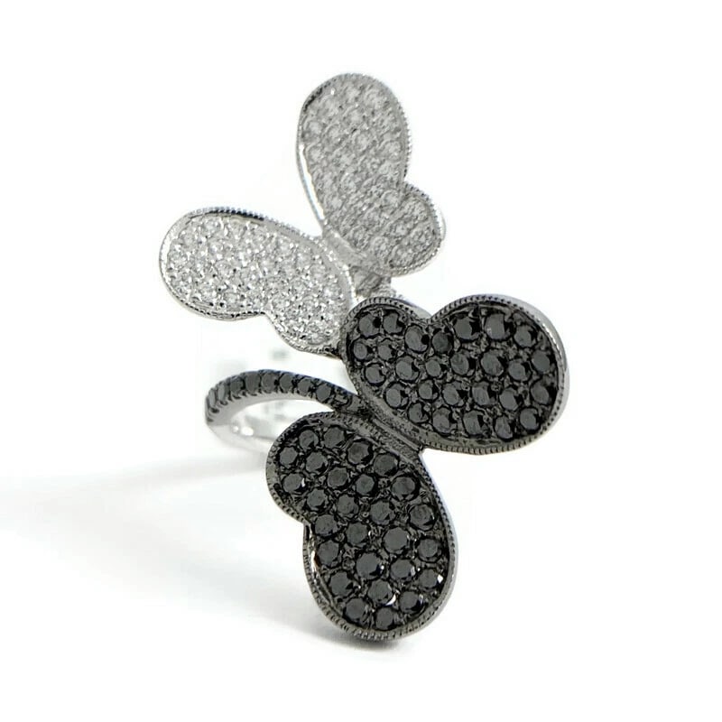 Black and White Pave Diamond Butterfly Statement Ring 18K White Gold, 1.15 CTW (1 of 9)